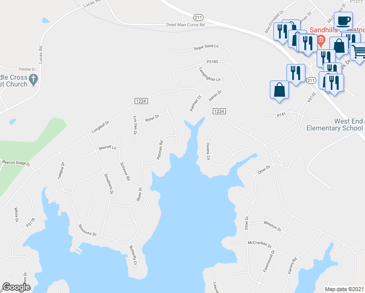 map of restaurants, bars, coffee shops, grocery stores, and more near 127 Phillips Drive in West End