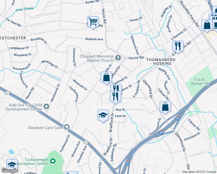 map of restaurants, bars, coffee shops, grocery stores, and more near 280 Bradford Drive in Charlotte