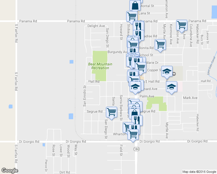 map of restaurants, bars, coffee shops, grocery stores, and more near 10513 San Diego Street in Lamont