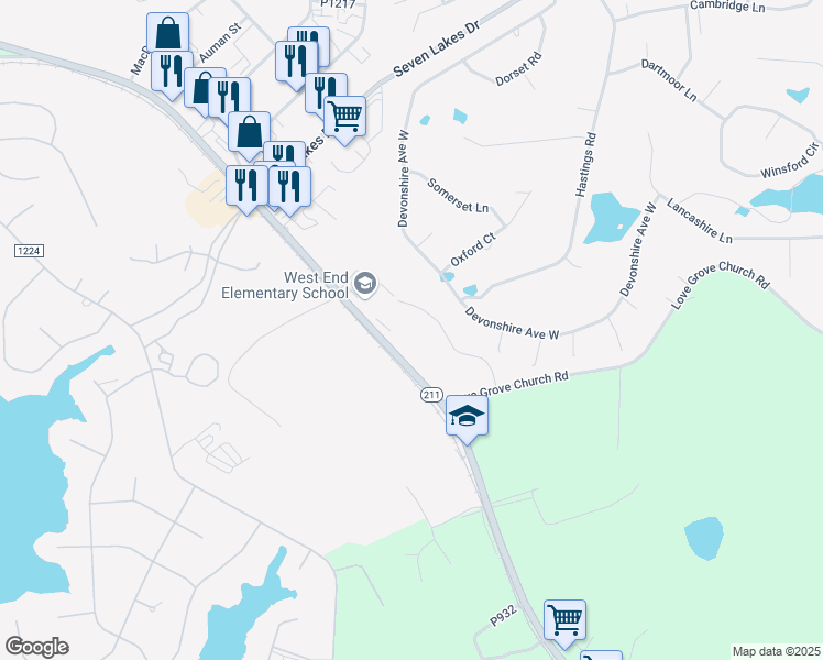 map of restaurants, bars, coffee shops, grocery stores, and more near 4483 North Carolina 211 in Seven Lakes