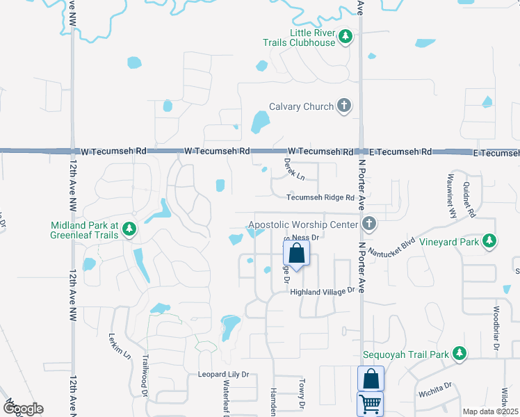 map of restaurants, bars, coffee shops, grocery stores, and more near 341 Tecumseh Meadows Court in Norman