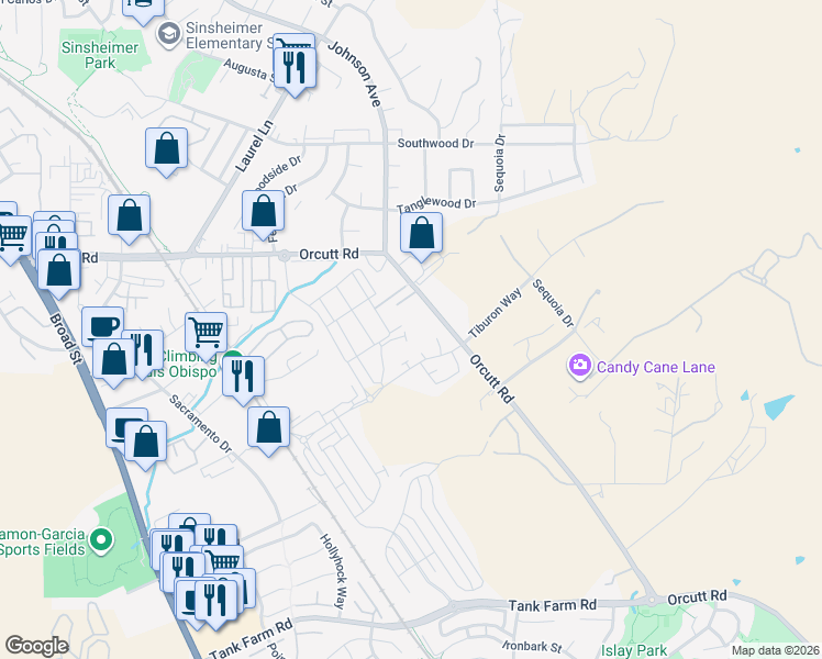 map of restaurants, bars, coffee shops, grocery stores, and more near 1408 Bantam Court in San Luis Obispo