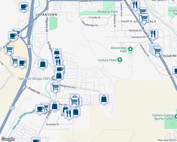 map of restaurants, bars, coffee shops, grocery stores, and more near 3036 Arezzo Drive in San Luis Obispo