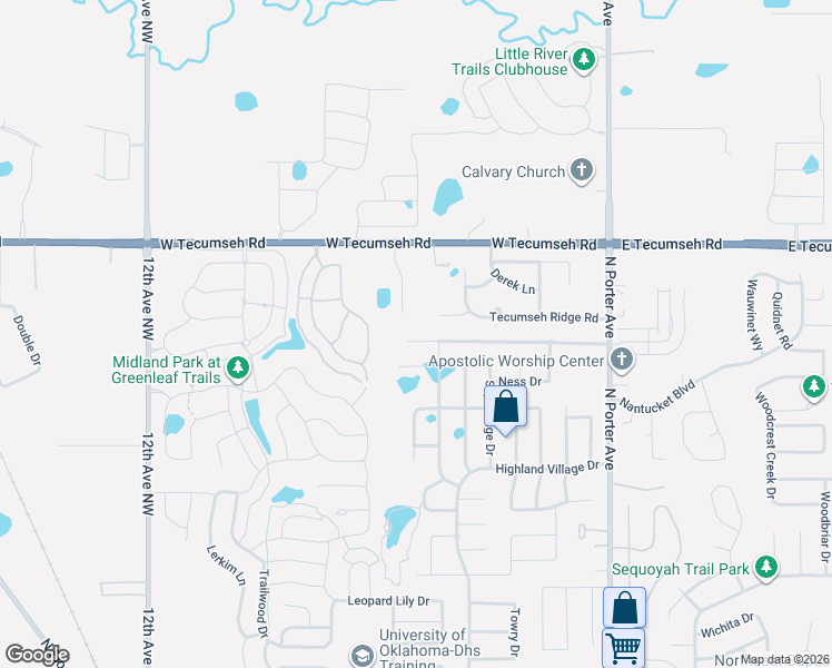 map of restaurants, bars, coffee shops, grocery stores, and more near 421 Tecumseh Meadows Court in Norman