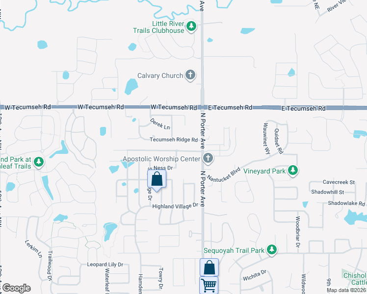 map of restaurants, bars, coffee shops, grocery stores, and more near 129 Tecumseh Meadows Drive in Norman