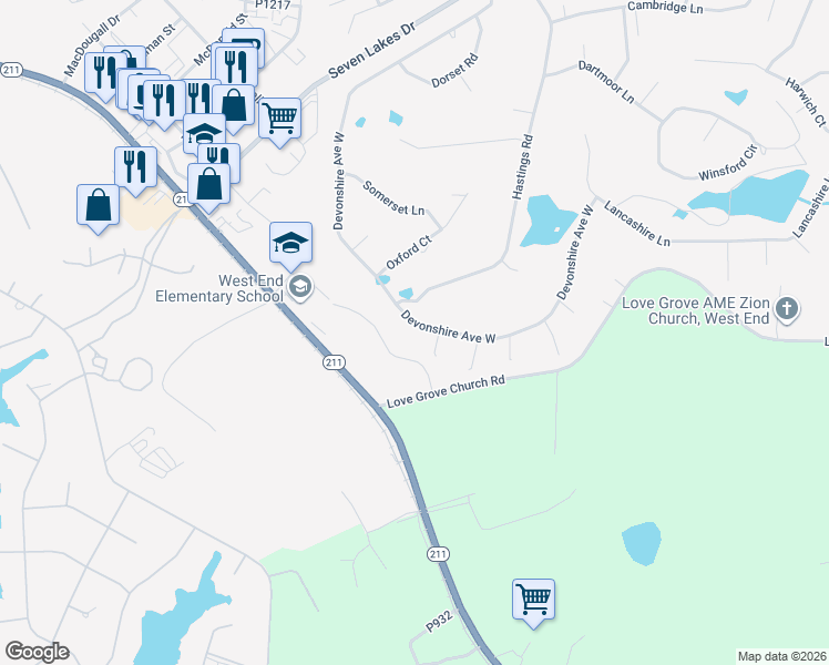 map of restaurants, bars, coffee shops, grocery stores, and more near 216 Devonshire Avenue West in Seven Lakes