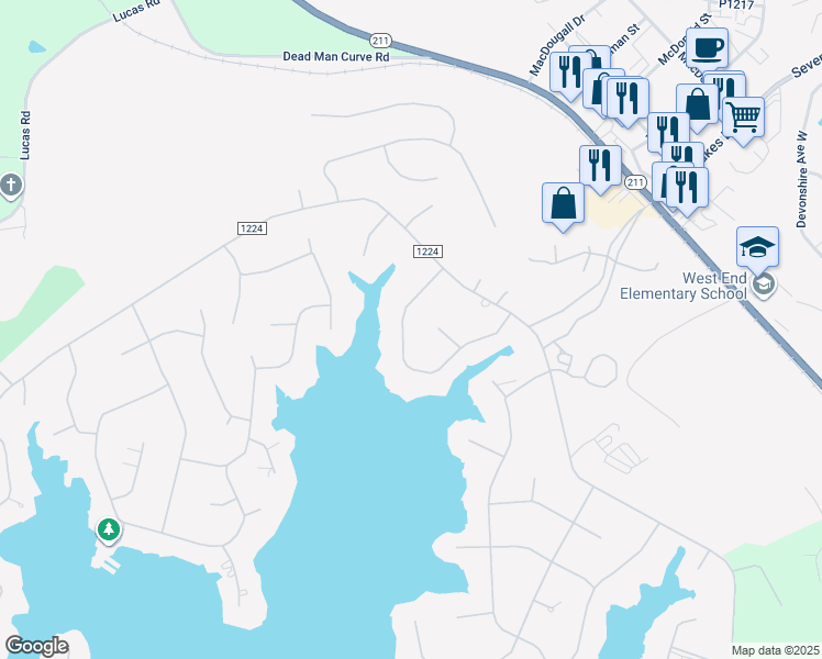 map of restaurants, bars, coffee shops, grocery stores, and more near 124 Owens Circle in Seven Lakes