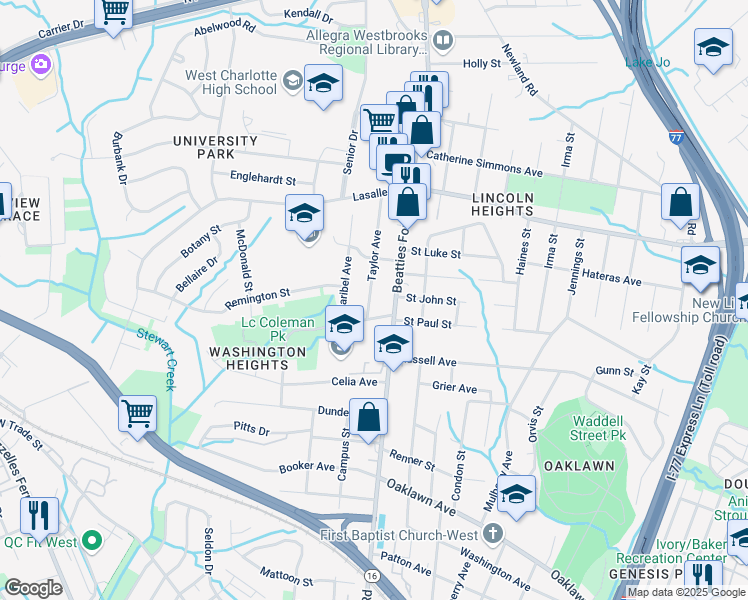map of restaurants, bars, coffee shops, grocery stores, and more near 1622 Taylor Avenue in Charlotte