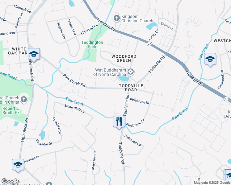 map of restaurants, bars, coffee shops, grocery stores, and more near 5605 Paw Creek Road in Charlotte