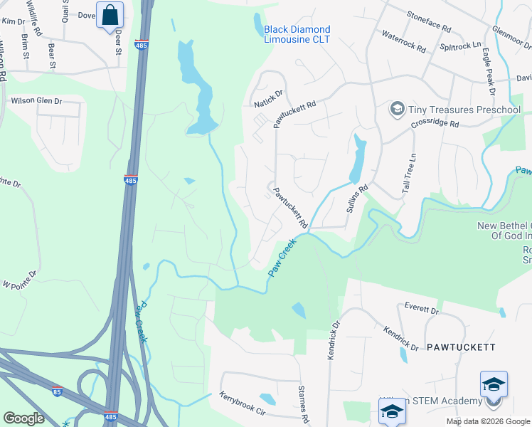 map of restaurants, bars, coffee shops, grocery stores, and more near 6024 Paw Village Road in Charlotte