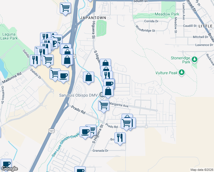 map of restaurants, bars, coffee shops, grocery stores, and more near 3057 South Higuera Street in San Luis Obispo