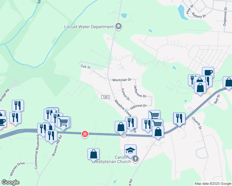 map of restaurants, bars, coffee shops, grocery stores, and more near 416 Meadow Creek Church Rd in Locust
