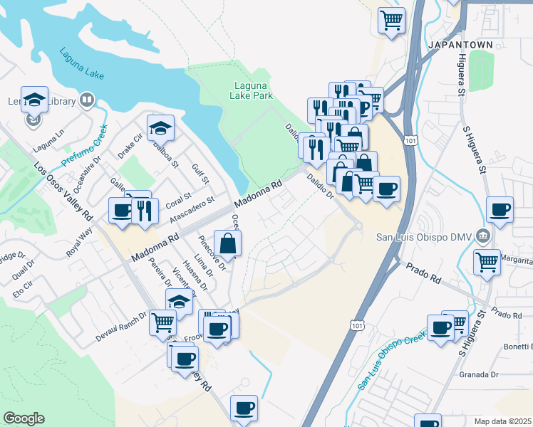 map of restaurants, bars, coffee shops, grocery stores, and more near 1672 Oceanaire Dr in San Luis Obispo