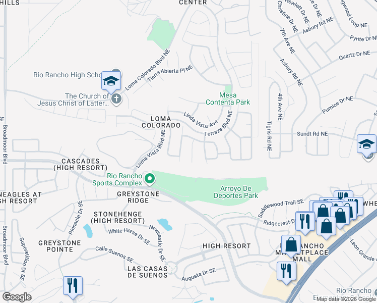 map of restaurants, bars, coffee shops, grocery stores, and more near 24 Los Balcones Place Northeast in Rio Rancho