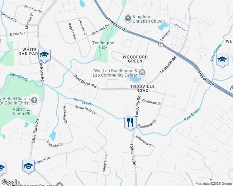 map of restaurants, bars, coffee shops, grocery stores, and more near 5639 Paw Creek Road in Charlotte