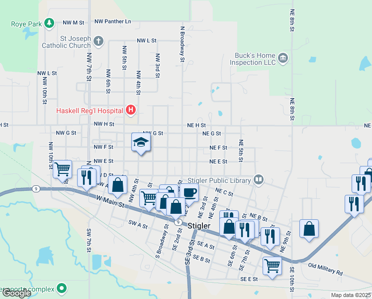 map of restaurants, bars, coffee shops, grocery stores, and more near 608 North Broadway Street in Stigler