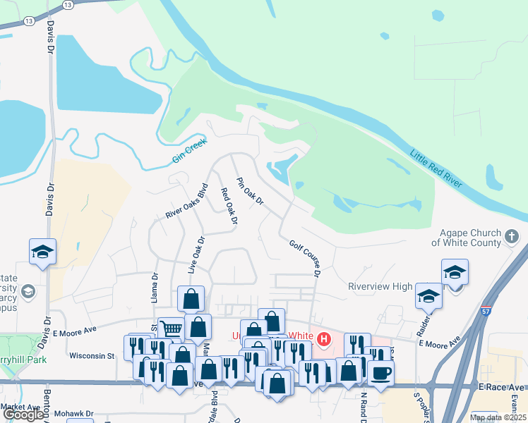 map of restaurants, bars, coffee shops, grocery stores, and more near 709 Pin Oak Drive in Searcy