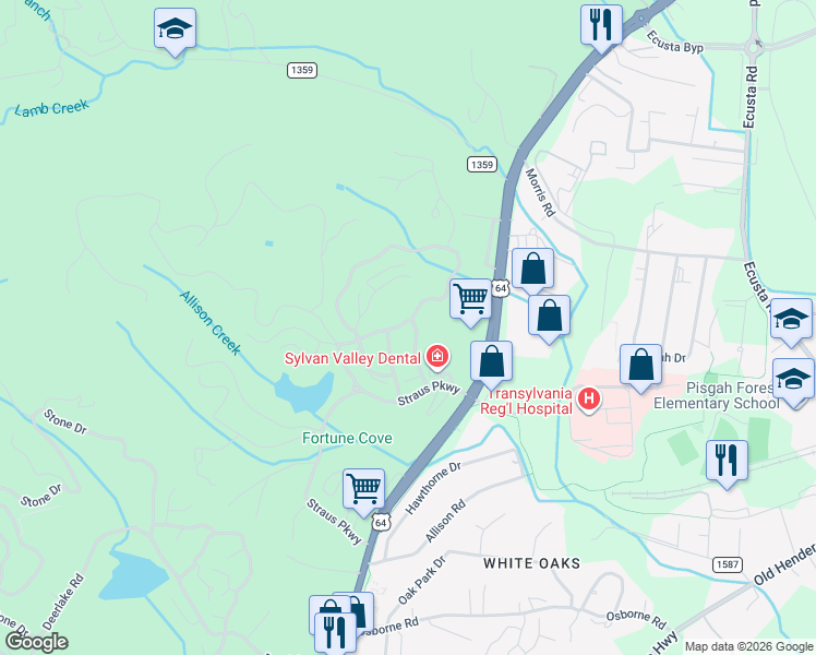 map of restaurants, bars, coffee shops, grocery stores, and more near 152 Camptown Road in Brevard