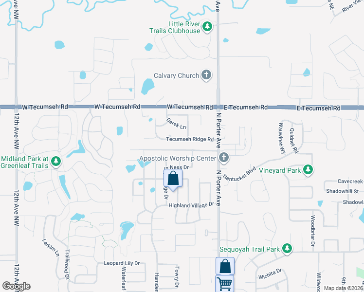 map of restaurants, bars, coffee shops, grocery stores, and more near 217 Tecumseh Meadows Court in Norman