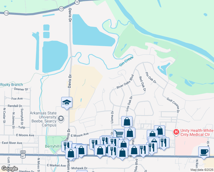 map of restaurants, bars, coffee shops, grocery stores, and more near 23 River Ridge Road in Searcy