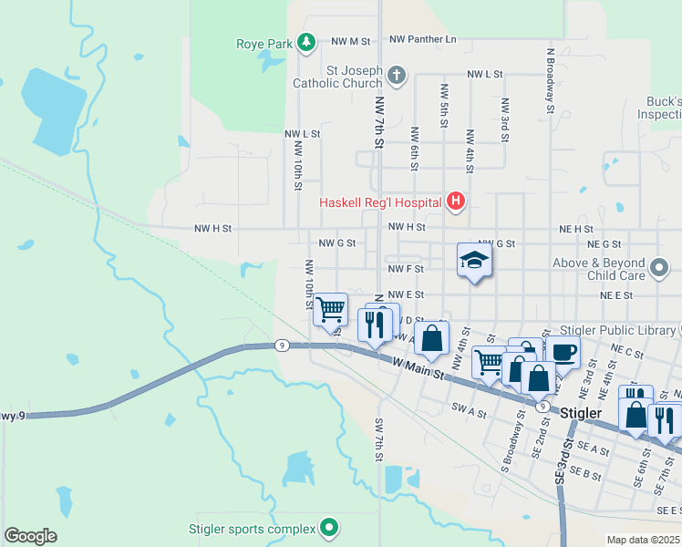 map of restaurants, bars, coffee shops, grocery stores, and more near 810 Northwest F Street in Stigler