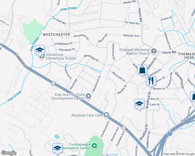 map of restaurants, bars, coffee shops, grocery stores, and more near 4400 Mapleleaf Lane in Charlotte