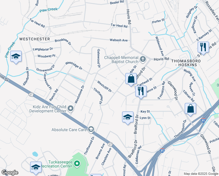 map of restaurants, bars, coffee shops, grocery stores, and more near 4108 Westcliff Drive in Charlotte