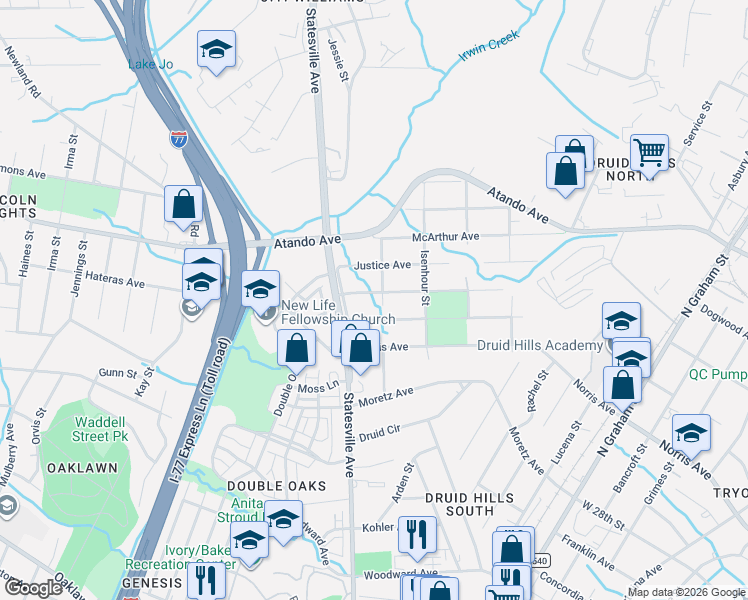 map of restaurants, bars, coffee shops, grocery stores, and more near in Charlotte