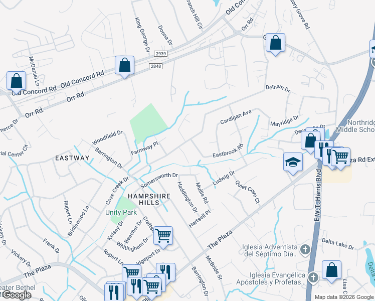 map of restaurants, bars, coffee shops, grocery stores, and more near 5610 Burleson Drive in Charlotte