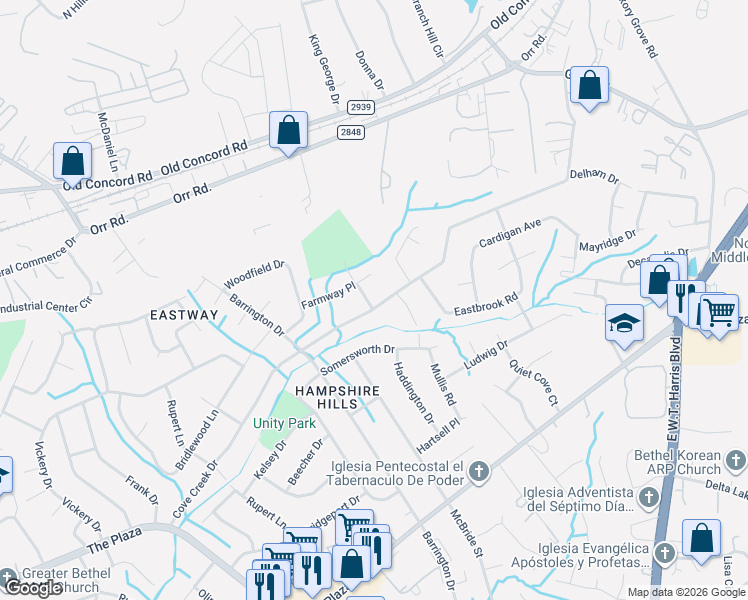 map of restaurants, bars, coffee shops, grocery stores, and more near 6601 Covecreek Dr in Charlotte
