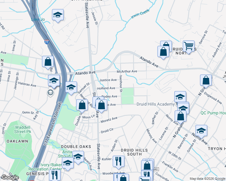 map of restaurants, bars, coffee shops, grocery stores, and more near 1017 Holland Avenue in Charlotte