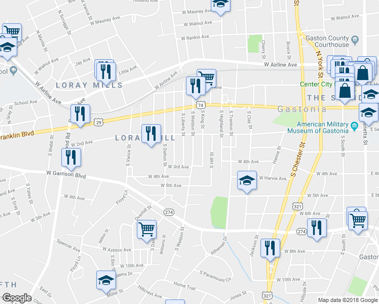 map of restaurants, bars, coffee shops, grocery stores, and more near 314 South Weldon Street in Gastonia