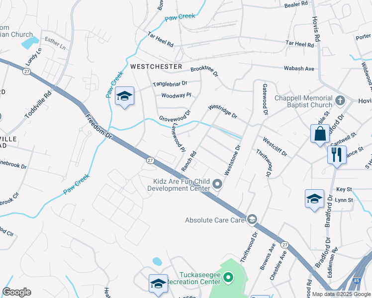 map of restaurants, bars, coffee shops, grocery stores, and more near 1533 Lanewood Place in Charlotte
