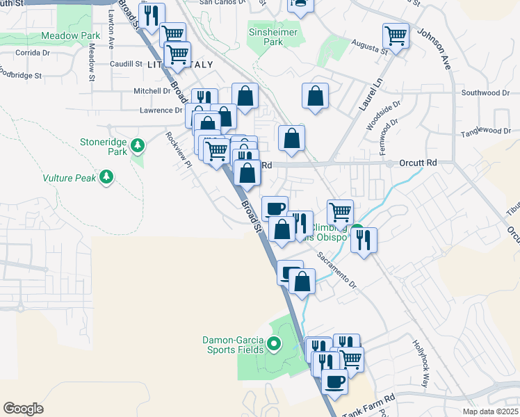 map of restaurants, bars, coffee shops, grocery stores, and more near 3370 Broad Street in San Luis Obispo
