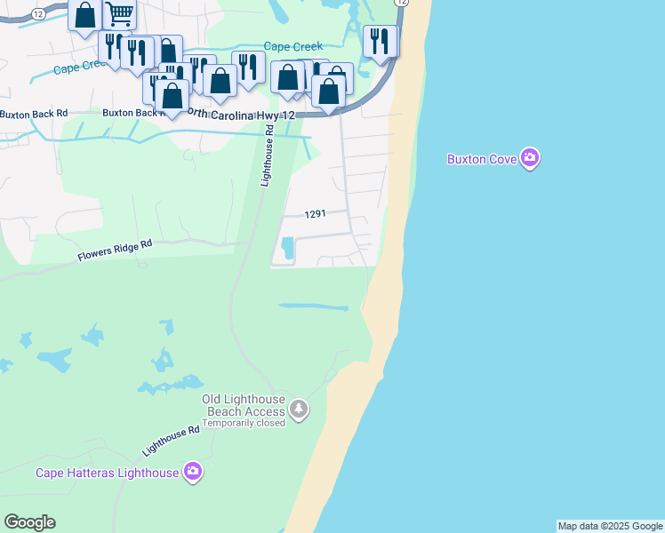 map of restaurants, bars, coffee shops, grocery stores, and more near 46023 Currituck Circle in Buxton