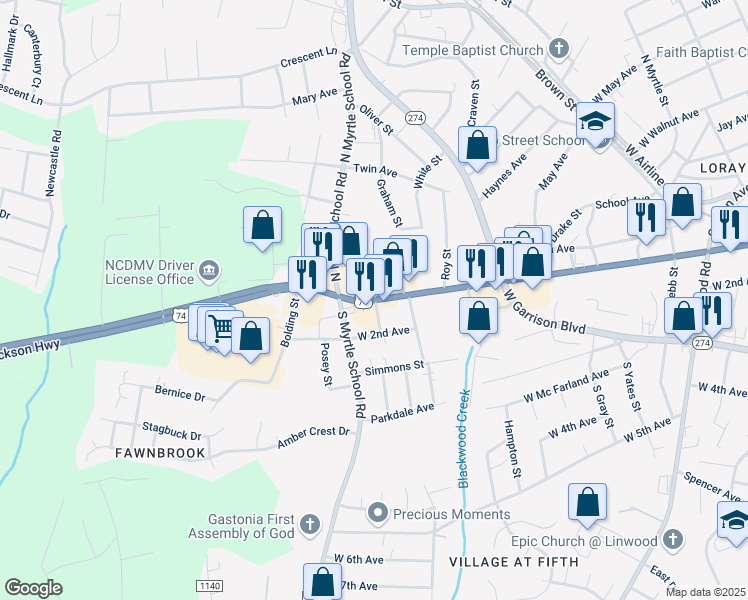 map of restaurants, bars, coffee shops, grocery stores, and more near 198 Packard Street in Gastonia