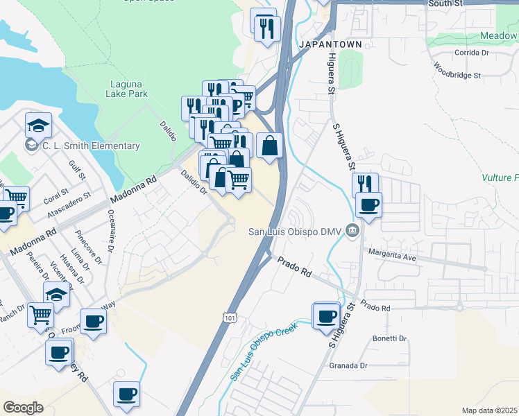 map of restaurants, bars, coffee shops, grocery stores, and more near 333 Madonna Road in San Luis Obispo