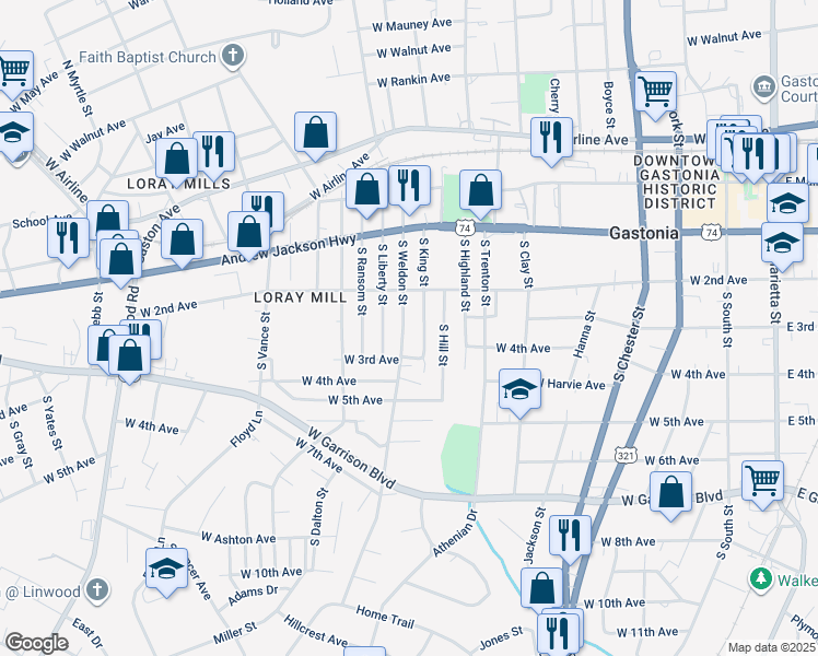 map of restaurants, bars, coffee shops, grocery stores, and more near 314 South Weldon Street in Gastonia