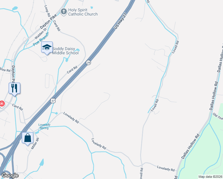 map of restaurants, bars, coffee shops, grocery stores, and more near 10609 Brickhill Lane in Soddy-Daisy