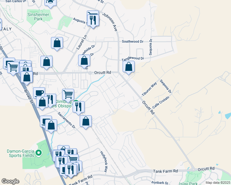 map of restaurants, bars, coffee shops, grocery stores, and more near 3735 Orcutt Road in San Luis Obispo