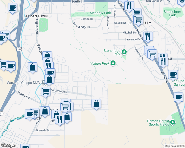 map of restaurants, bars, coffee shops, grocery stores, and more near 3072 Arezzo Drive in San Luis Obispo