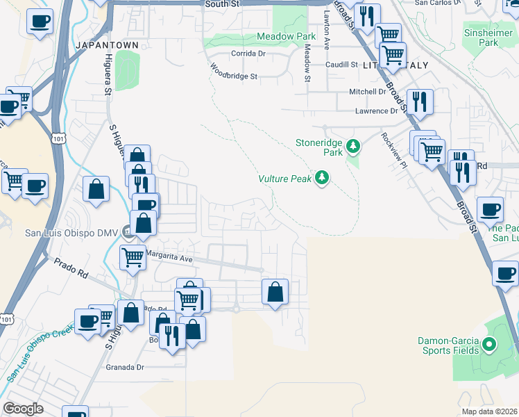 map of restaurants, bars, coffee shops, grocery stores, and more near 3072 Arezzo Drive in San Luis Obispo