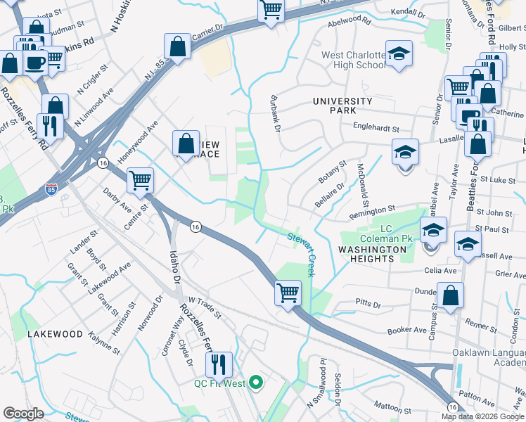 map of restaurants, bars, coffee shops, grocery stores, and more near 3035 Celia Avenue in Charlotte
