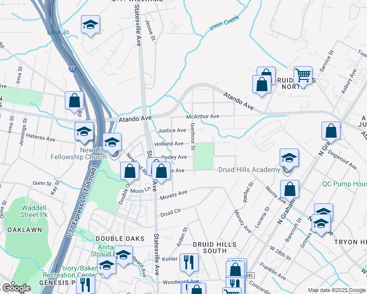 map of restaurants, bars, coffee shops, grocery stores, and more near 1017 Holland Avenue in Charlotte