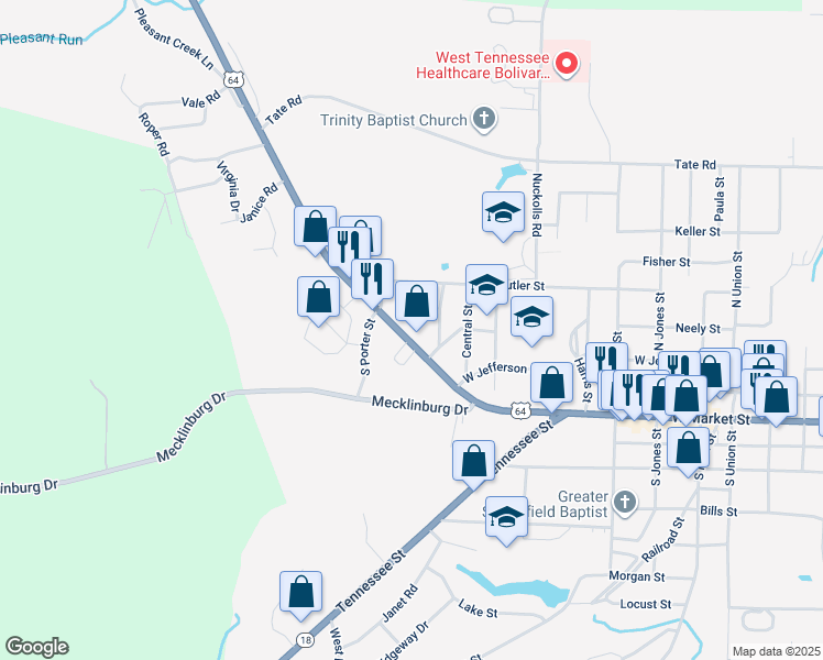 map of restaurants, bars, coffee shops, grocery stores, and more near 1320 West Market Street in Bolivar