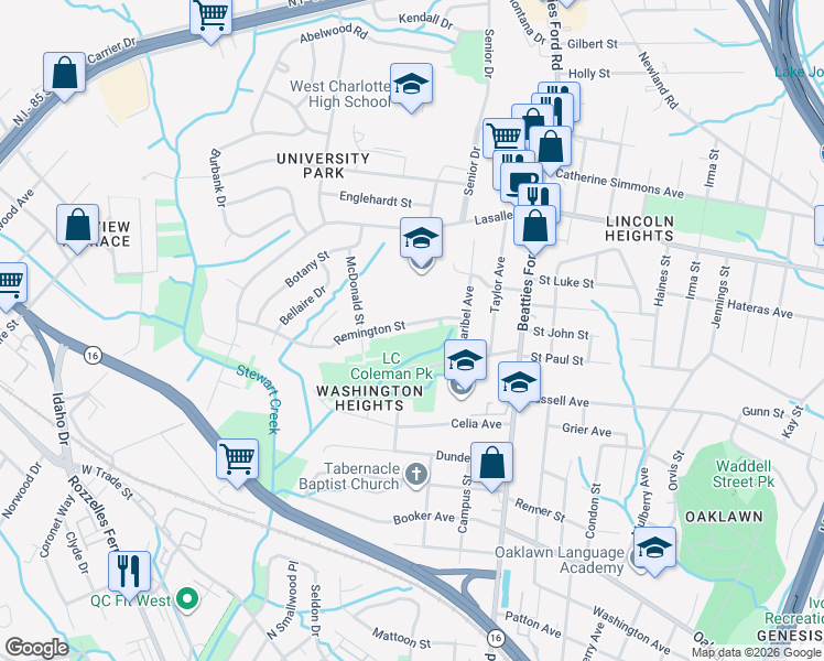map of restaurants, bars, coffee shops, grocery stores, and more near 2601 Remington Street in Charlotte