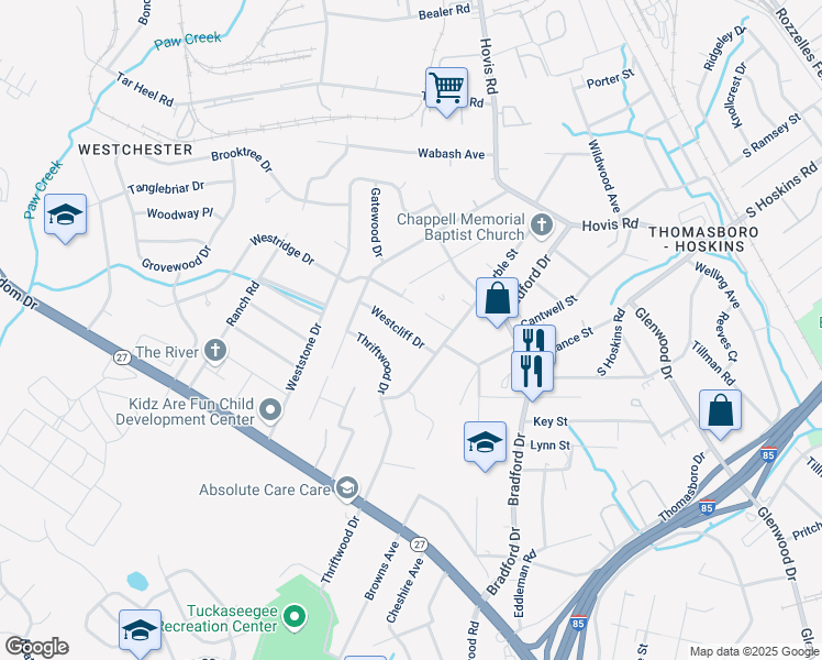 map of restaurants, bars, coffee shops, grocery stores, and more near 4126 Westcliff Drive in Charlotte