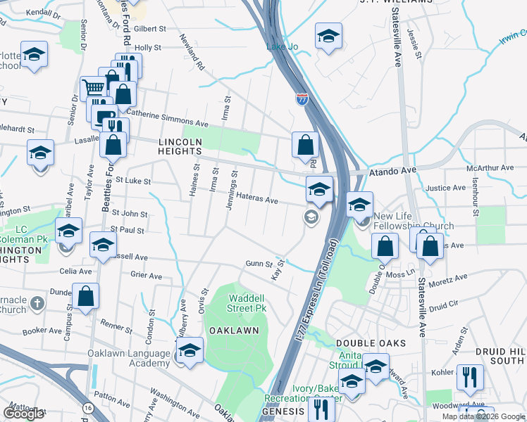 map of restaurants, bars, coffee shops, grocery stores, and more near 1833 Erie Street in Charlotte