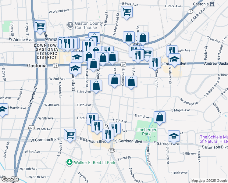 map of restaurants, bars, coffee shops, grocery stores, and more near 320 Willow Street in Gastonia