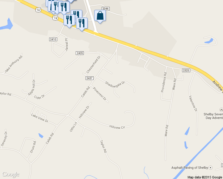 map of restaurants, bars, coffee shops, grocery stores, and more near 100 Mario Drive in Shelby